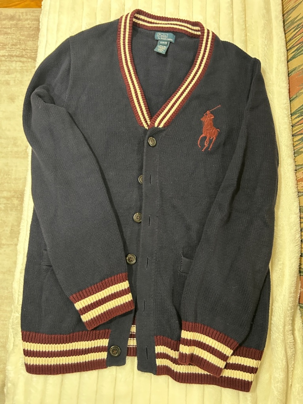 Ralph Lauren Navy Cardigan with Burgundy & Cream Trim